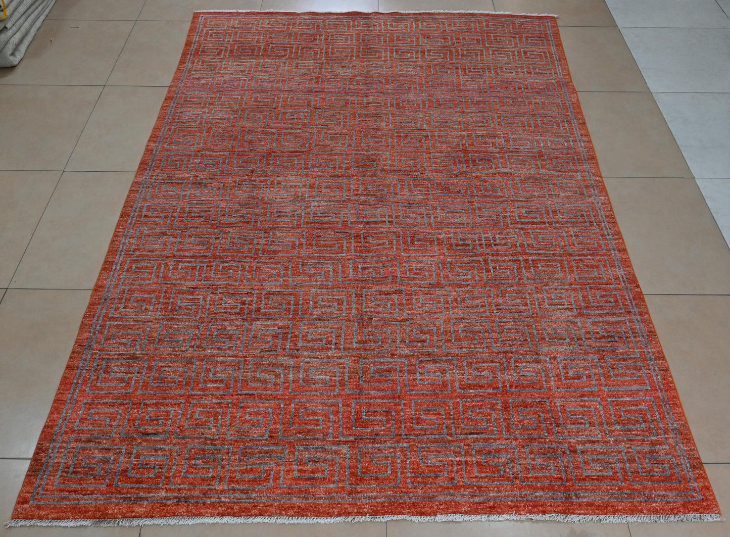 6x9 Red Greek Key Rug – Red Wool Area Carpet – Modern Geometric Gabbeh–Boho Veg Dye Oriental Rug for Living Room, Bedroom or Office 5'9x8'8"