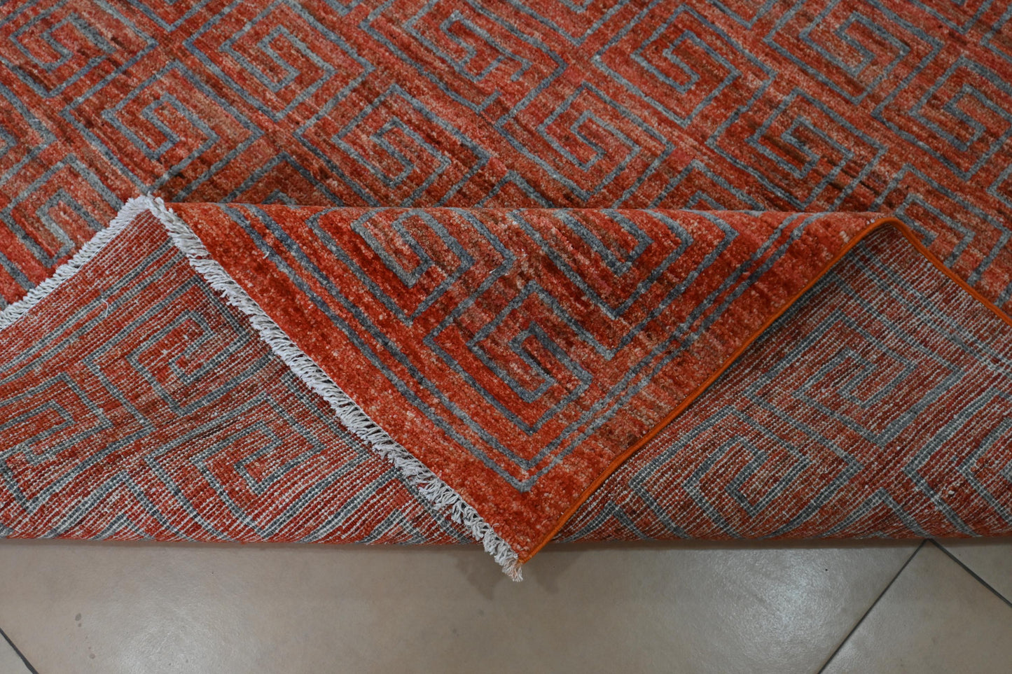 6x9 Red Greek Key Rug – Red Wool Area Carpet – Modern Geometric Gabbeh–Boho Veg Dye Oriental Rug for Living Room, Bedroom or Office 5'9x8'8"