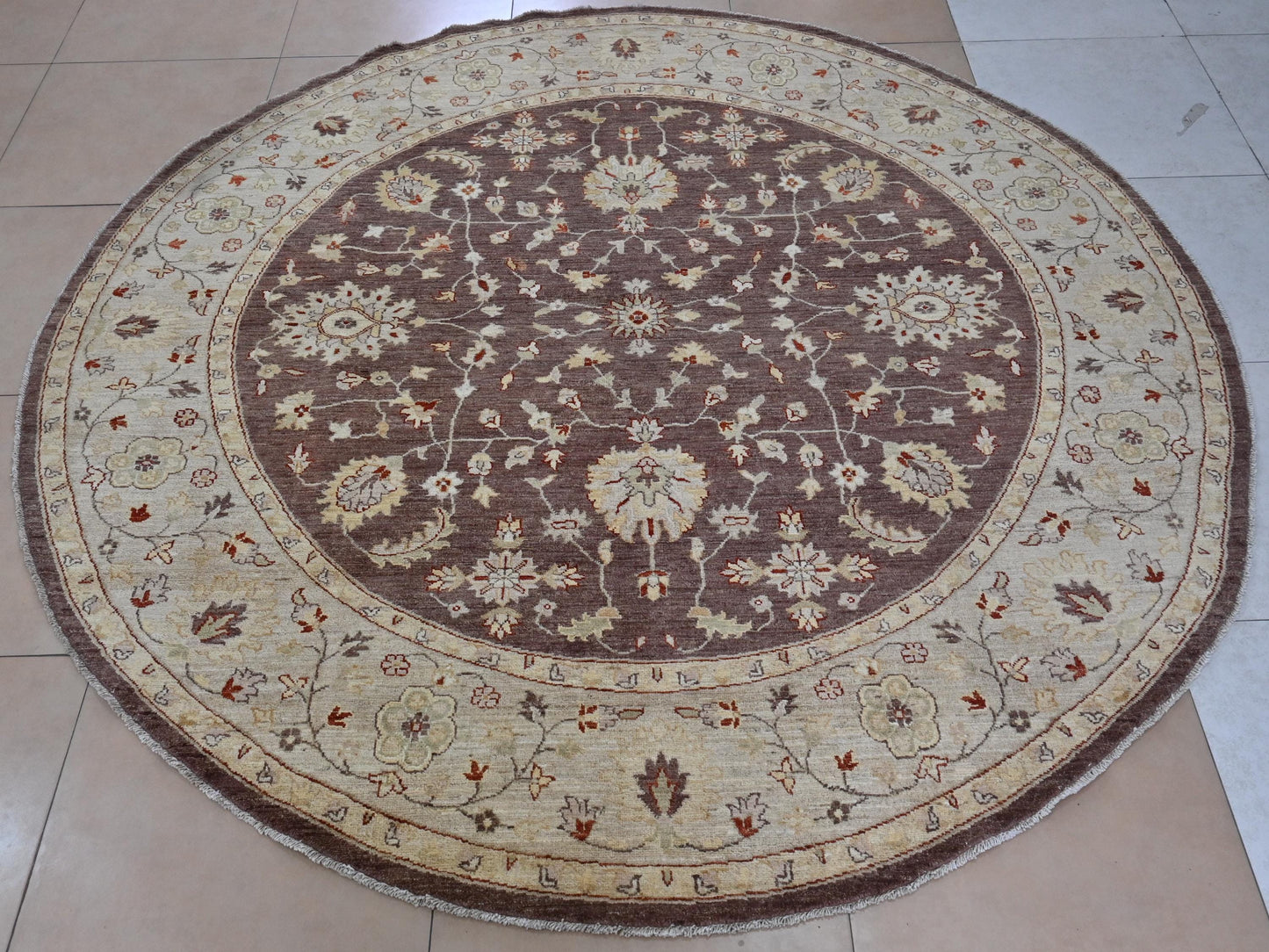 8x8 ft | Round Chobi Wool Rug | Handmade Traditional Floral Rug in Beige & Brown | Oriental Circle Area Carpet for Living Room or Entryway