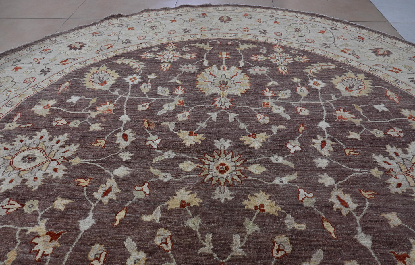 8x8 ft | Round Chobi Wool Rug | Handmade Traditional Floral Rug in Beige & Brown | Oriental Circle Area Carpet for Living Room or Entryway