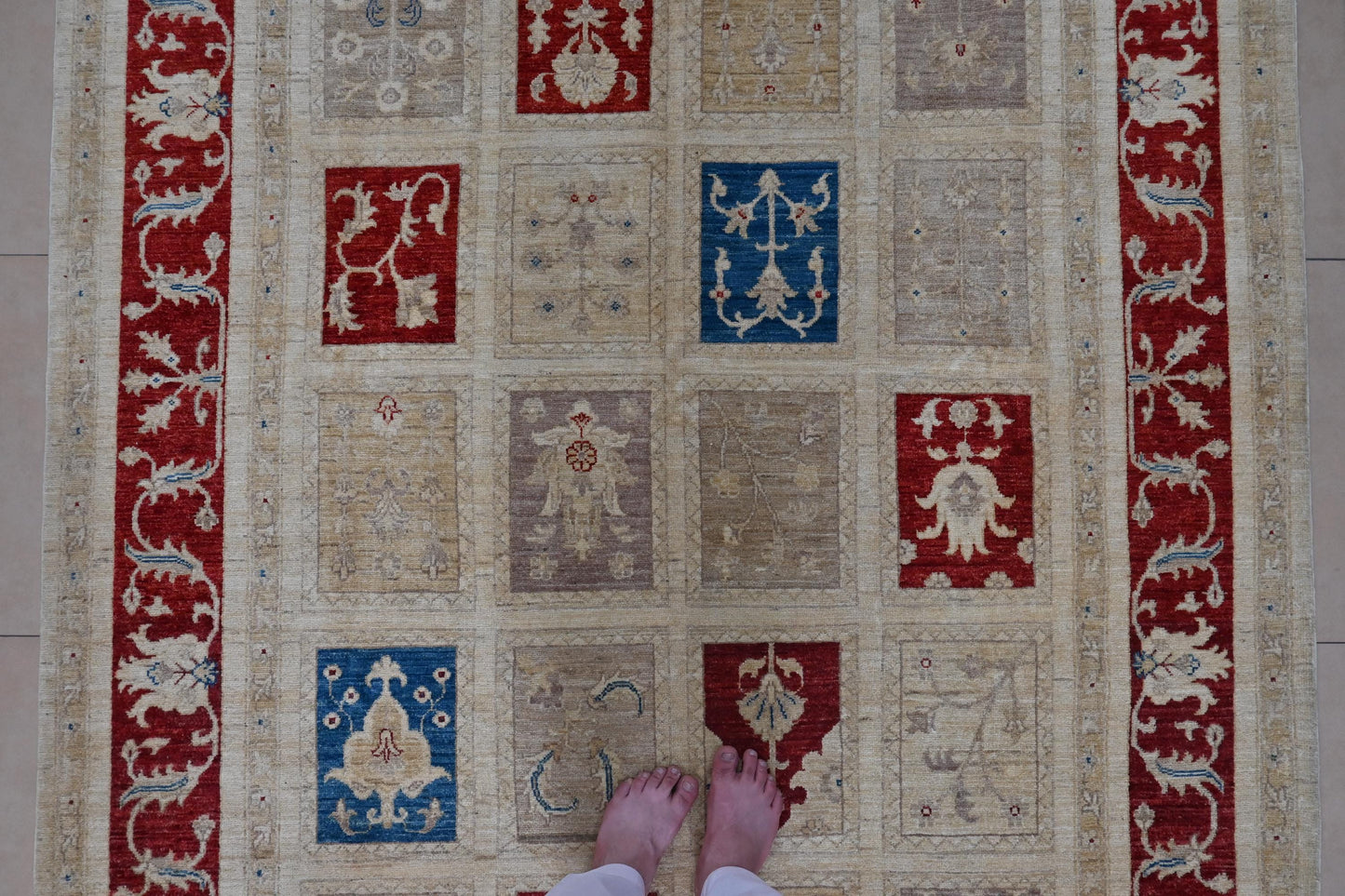 7x10 ft | Handmade Geometric Oriental Rug | Red Blue Beige Ziegler Design Wool Area Rug | Tribal Boho Decor | Afghan Chobi Rug| "6'5x9'11"