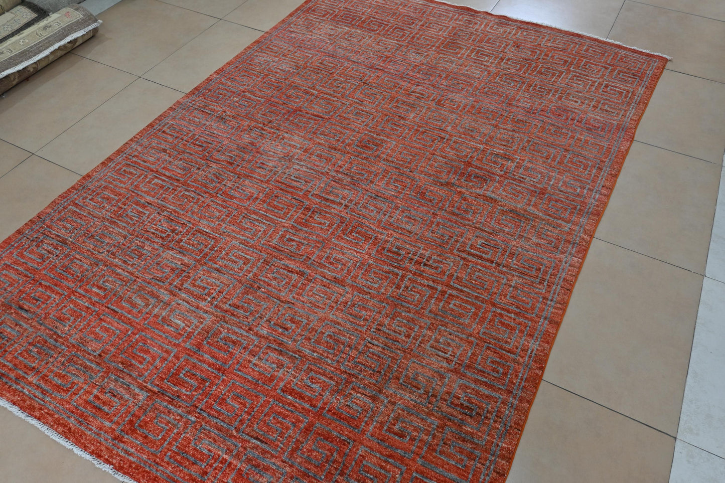 6x9 Red Greek Key Rug – Red Wool Area Carpet – Modern Geometric Gabbeh–Boho Veg Dye Oriental Rug for Living Room, Bedroom or Office 5'9x8'8"