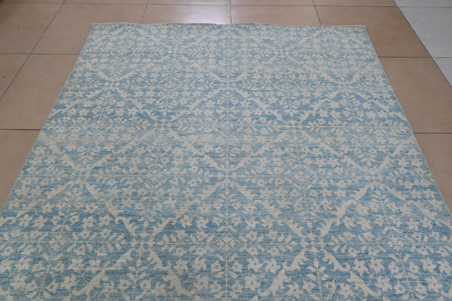 6x9 Light Blue and Ivory Area Rug – Vintage-Inspired Hand-Knotted Carpet – Soft Washed Boho Living Room Rug – Free Shipping