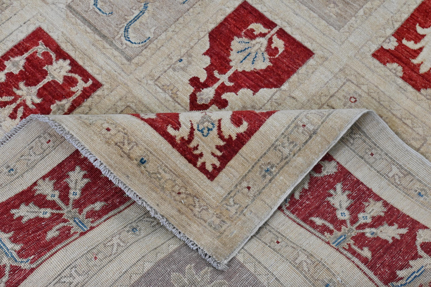 7x10 ft | Handmade Geometric Oriental Rug | Red Blue Beige Ziegler Design Wool Area Rug | Tribal Boho Decor | Afghan Chobi Rug| "6'5x9'11"