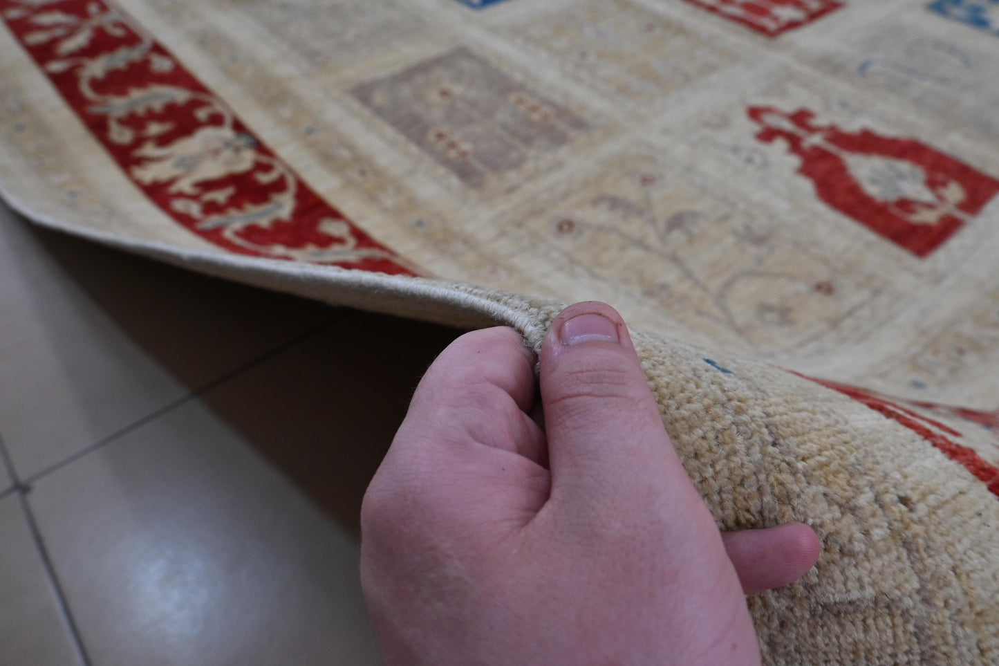 7x10 ft | Handmade Geometric Oriental Rug | Red Blue Beige Ziegler Design Wool Area Rug | Tribal Boho Decor | Afghan Chobi Rug| "6'5x9'11"
