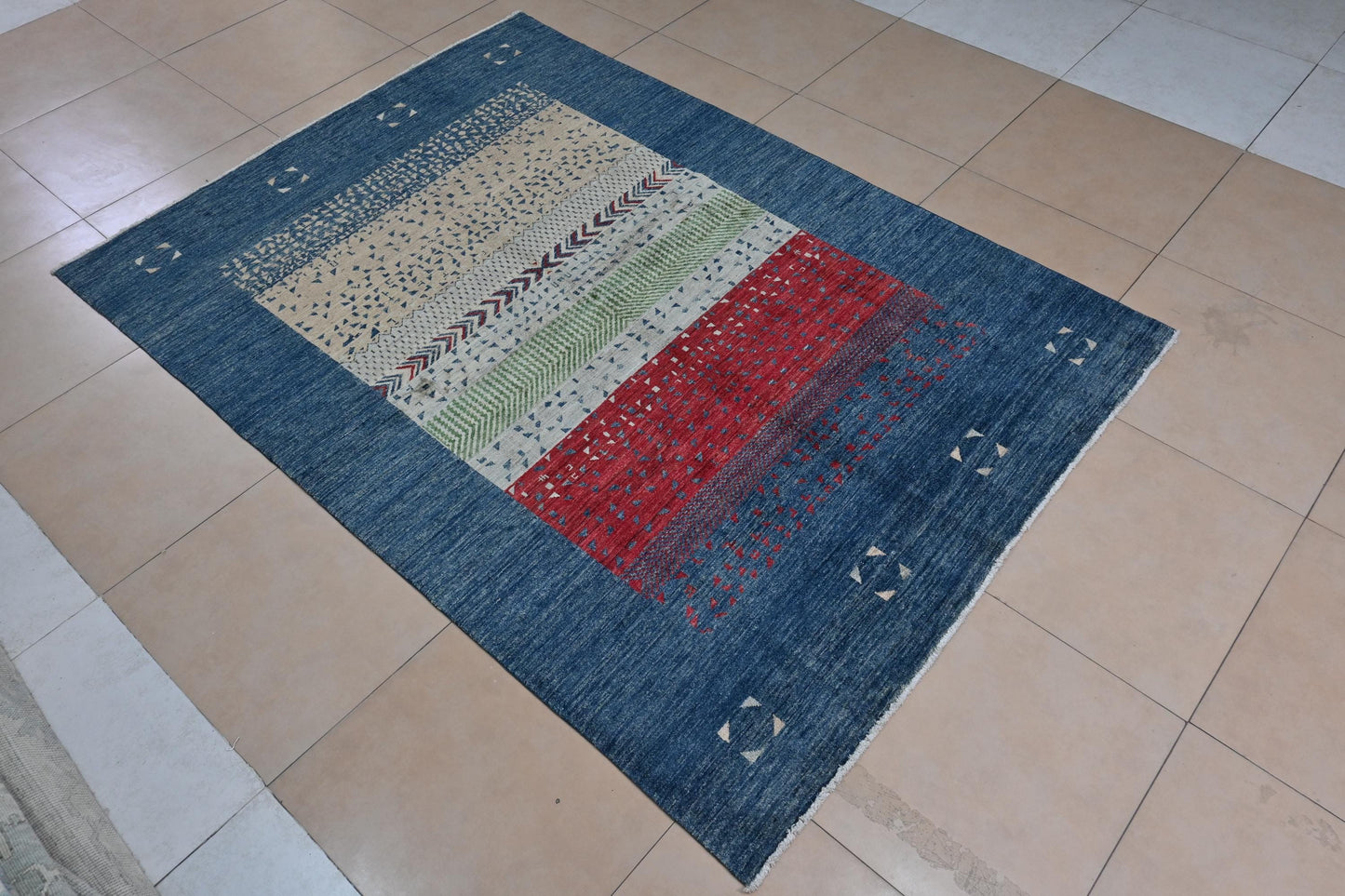 6x8 ft Handmade Modern Gabbeh Rug | Blue Red Abstract Geometric Wool Rug |Tribal Boho Rug | Bedroom And Living Room Accent Rug |"5'8x7'11"