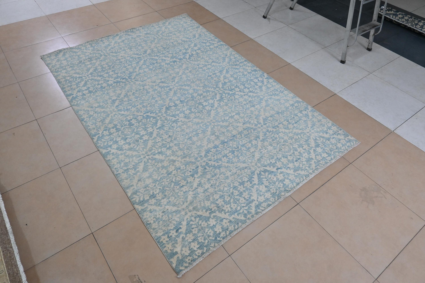 6x9 Light Blue and Ivory Area Rug – Vintage-Inspired Hand-Knotted Carpet – Soft Washed Boho Living Room Rug – Free Shipping