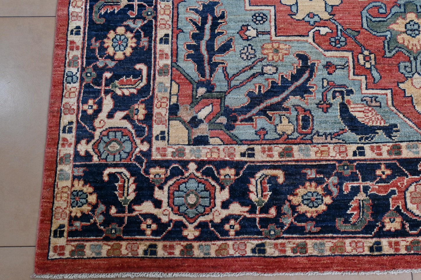 6x9 ft -Handmade Heriz Serapi Rug – Red Blue Wool Area Carpet – Oriental Medallion Rug for Living Room, Bedroom or office