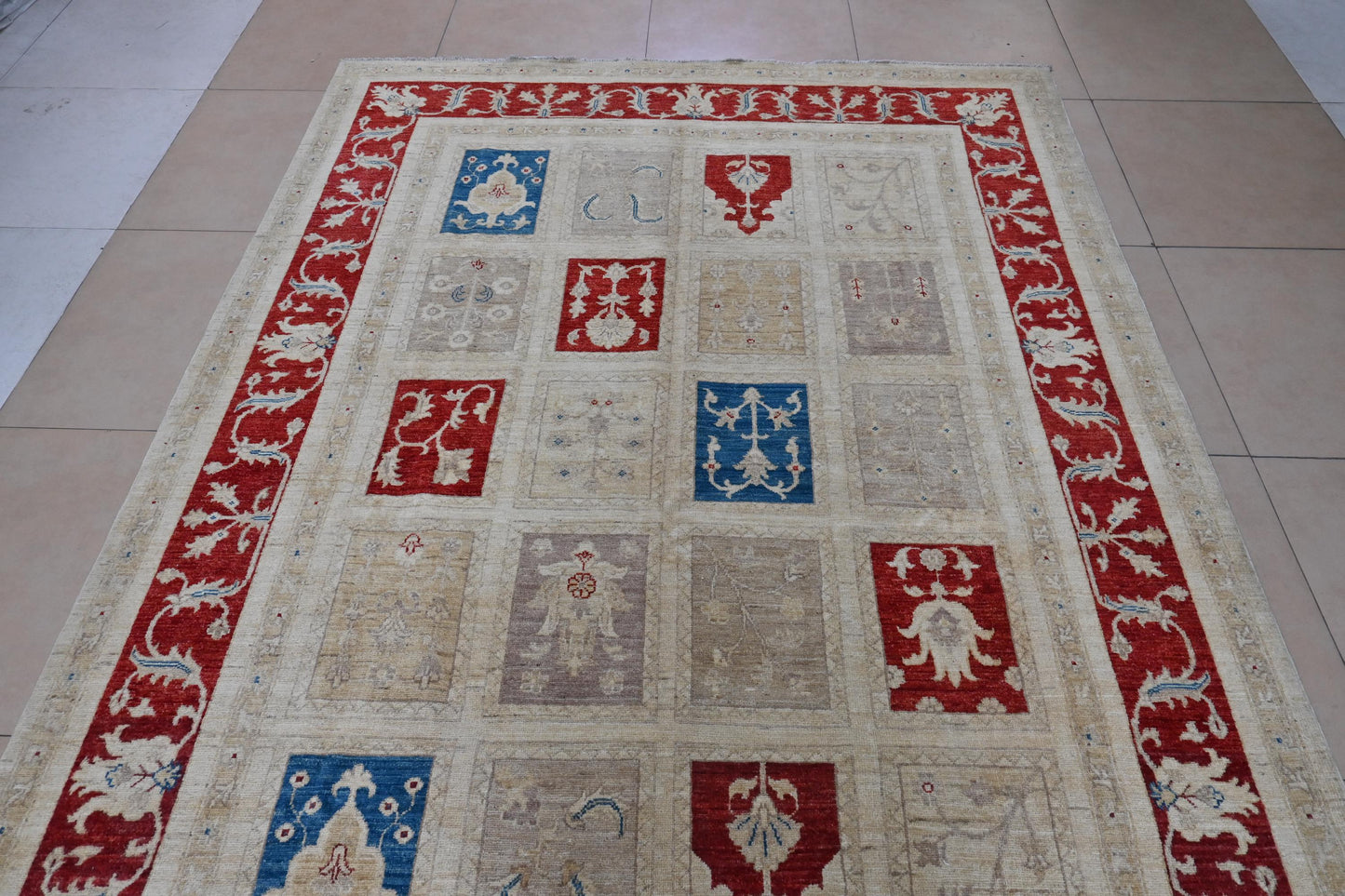 7x10 ft | Handmade Geometric Oriental Rug | Red Blue Beige Ziegler Design Wool Area Rug | Tribal Boho Decor | Afghan Chobi Rug| "6'5x9'11"