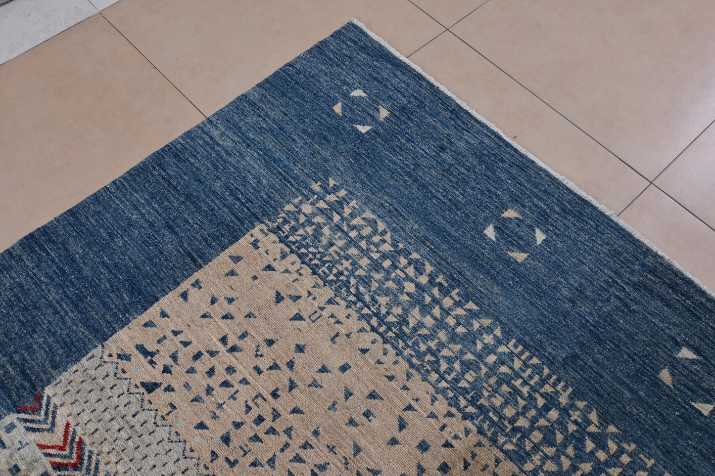 6x8 ft Handmade Modern Gabbeh Rug | Blue Red Abstract Geometric Wool Rug |Tribal Boho Rug | Bedroom And Living Room Accent Rug |"5'8x7'11"