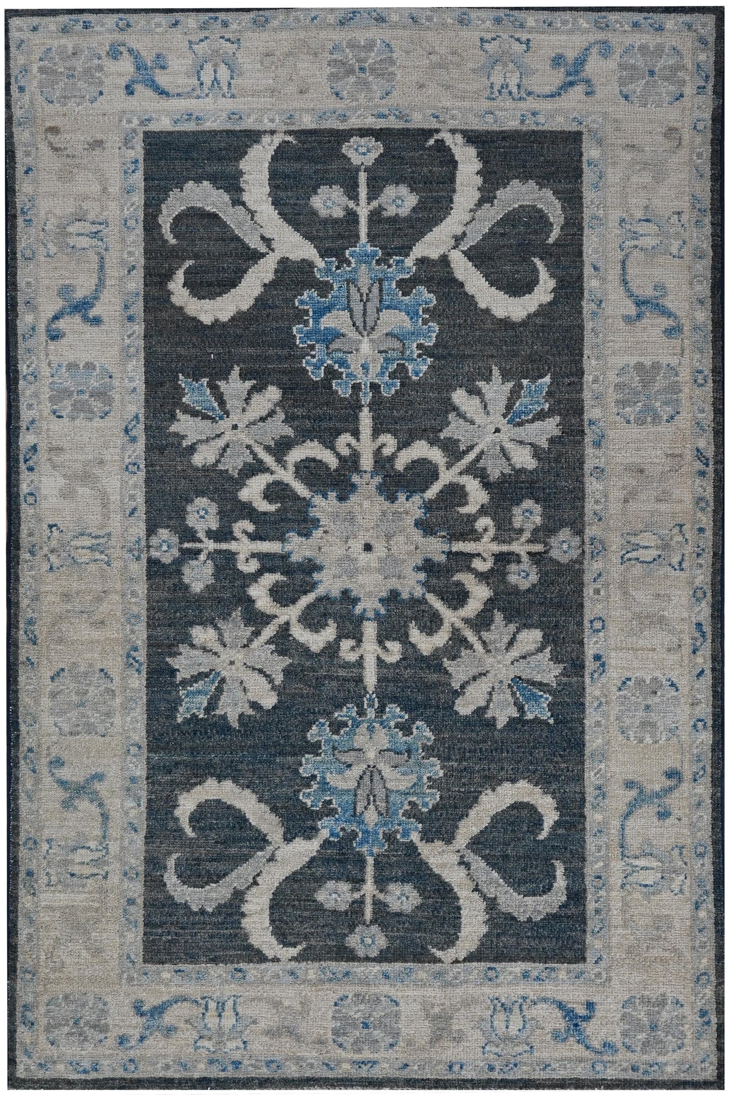 3x5 Charcoal Blue Oushak Rug | Hand-Knotted Afghan Wool Rug | Natural Veg Dyes | Vintage Distressed Area Carpet | Elegant Floral Medallion