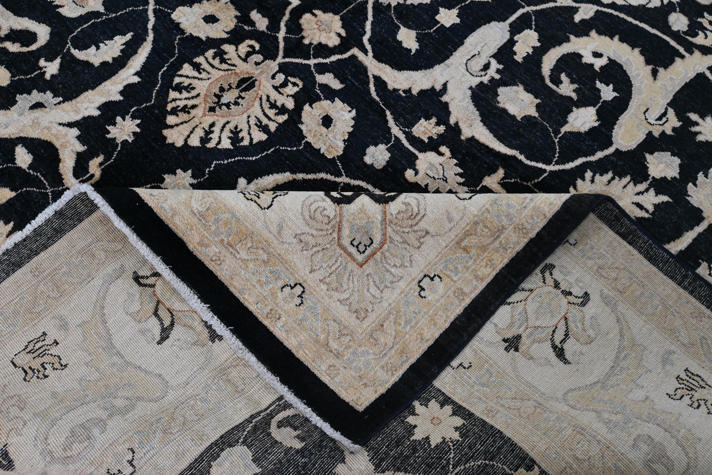 9x12 Black and Beige Ziegler Chobi Area Rug โ Hand-Knotted Wool Persian Style Carpet โ Traditional Floral Rug for Living Room or Dining Room
