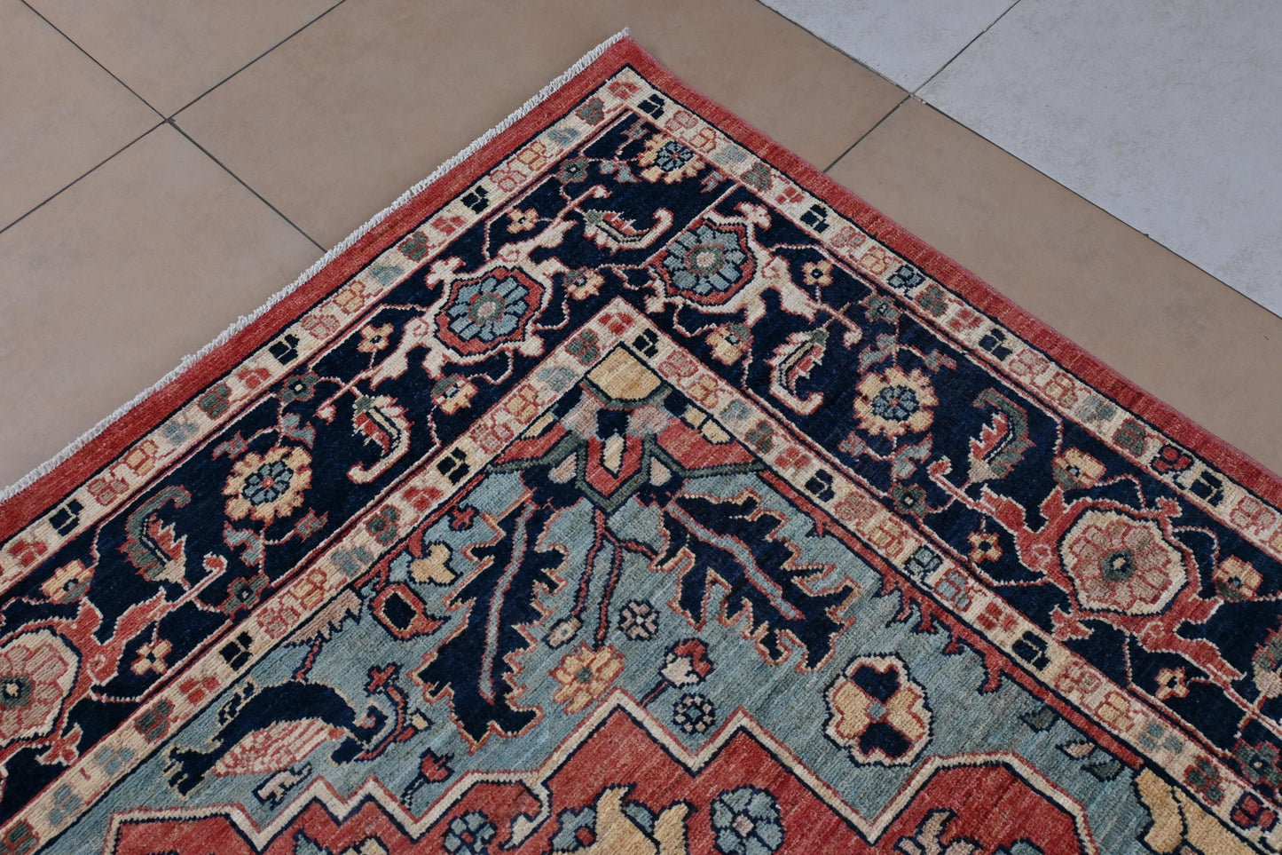 6x9 ft -Handmade Heriz Serapi Rug – Red Blue Wool Area Carpet – Oriental Medallion Rug for Living Room, Bedroom or office