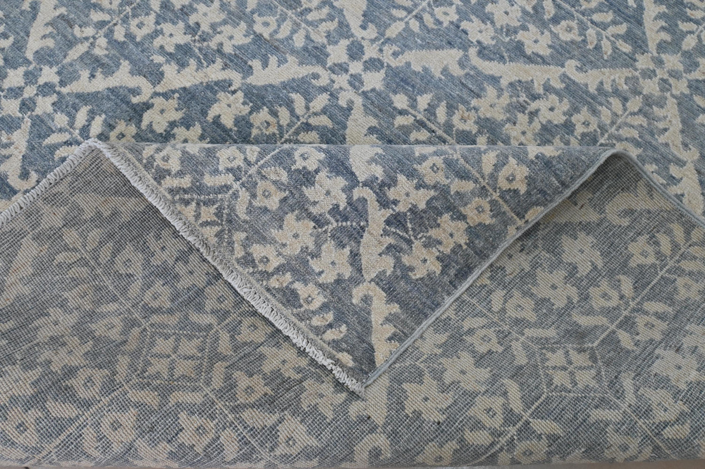 6x9 Blue and Ivory Wool Area Rug – Hand Knotted Geometric Distressed Vintage Style Carpet, Afghan Rug, Modern Farmhouse Living Room Rug