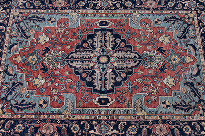 6x9 ft -Handmade Heriz Serapi Rug – Red Blue Wool Area Carpet – Oriental Medallion Rug for Living Room, Bedroom or office