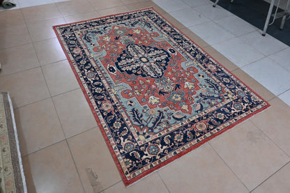 6x9 ft -Handmade Heriz Serapi Rug – Red Blue Wool Area Carpet – Oriental Medallion Rug for Living Room, Bedroom or office