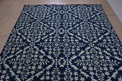 6x9 Blue and Ivory Geometric Floral Rug – Hand-Knotted Oriental Style Area Carpet – Modern Boho Living Room Rug – Free Shipping- Bedroom Rug