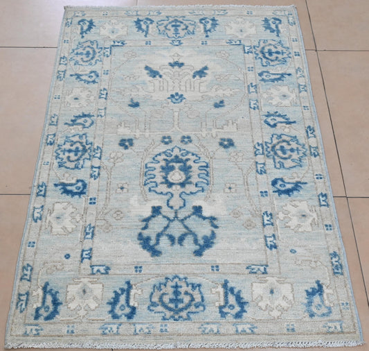 3x4 Blue and Ivory Oushak Rug | Hand-Knotted Afghan Vegdyed Wool Area Rug | Vintage Style Oriental Carpet | Small Entry or Accent Rug