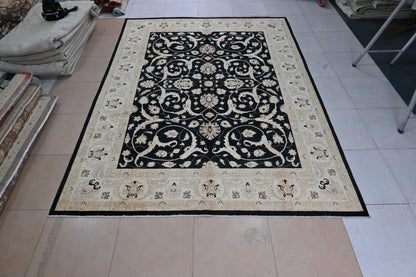 9x12 Black and Beige Ziegler Chobi Area Rug – Hand-Knotted Wool Persian Style Carpet – Traditional Floral Rug for Living Room or Dining Room
