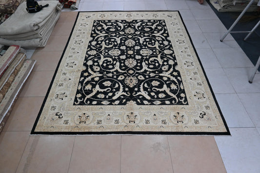 9x12 Black and Beige Ziegler Chobi Area Rug – Hand-Knotted Wool Persian Style Carpet – Traditional Floral Rug for Living Room or Dining Room
