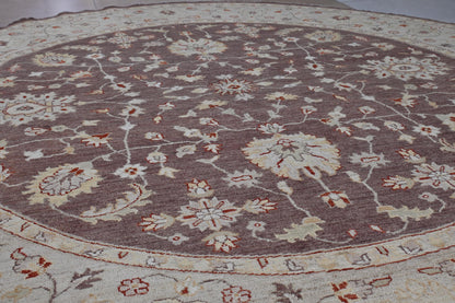 8x8 ft | Round Chobi Wool Rug | Handmade Traditional Floral Rug in Beige & Brown | Oriental Circle Area Carpet for Living Room or Entryway