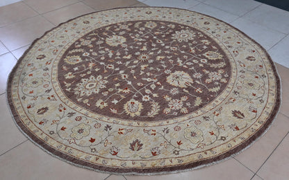 8x8 ft | Round Chobi Wool Rug | Handmade Traditional Floral Rug in Beige & Brown | Oriental Circle Area Carpet for Living Room or Entryway