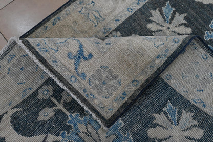 3x5 Charcoal Blue Oushak Rug | Hand-Knotted Afghan Wool Rug | Natural Veg Dyes | Vintage Distressed Area Carpet | Elegant Floral Medallion