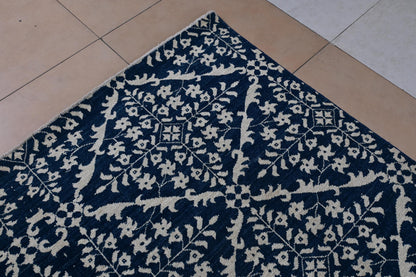 6x9 Blue and Ivory Geometric Floral Rug – Hand-Knotted Oriental Style Area Carpet – Modern Boho Living Room Rug – Free Shipping- Bedroom Rug