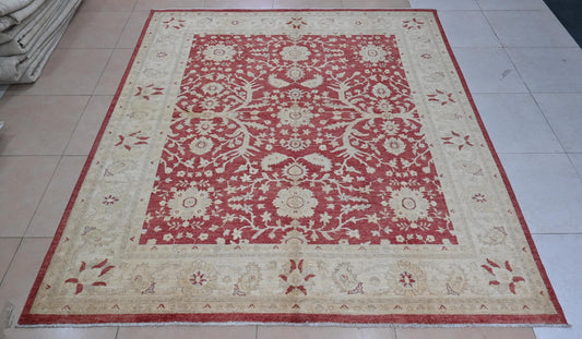 8x10 Red and Beige Afghan Oriental Area Rug – Hand-Knotted Wool Persian Style Carpet – Traditional Floral Ziegler Rug – Free Shipping