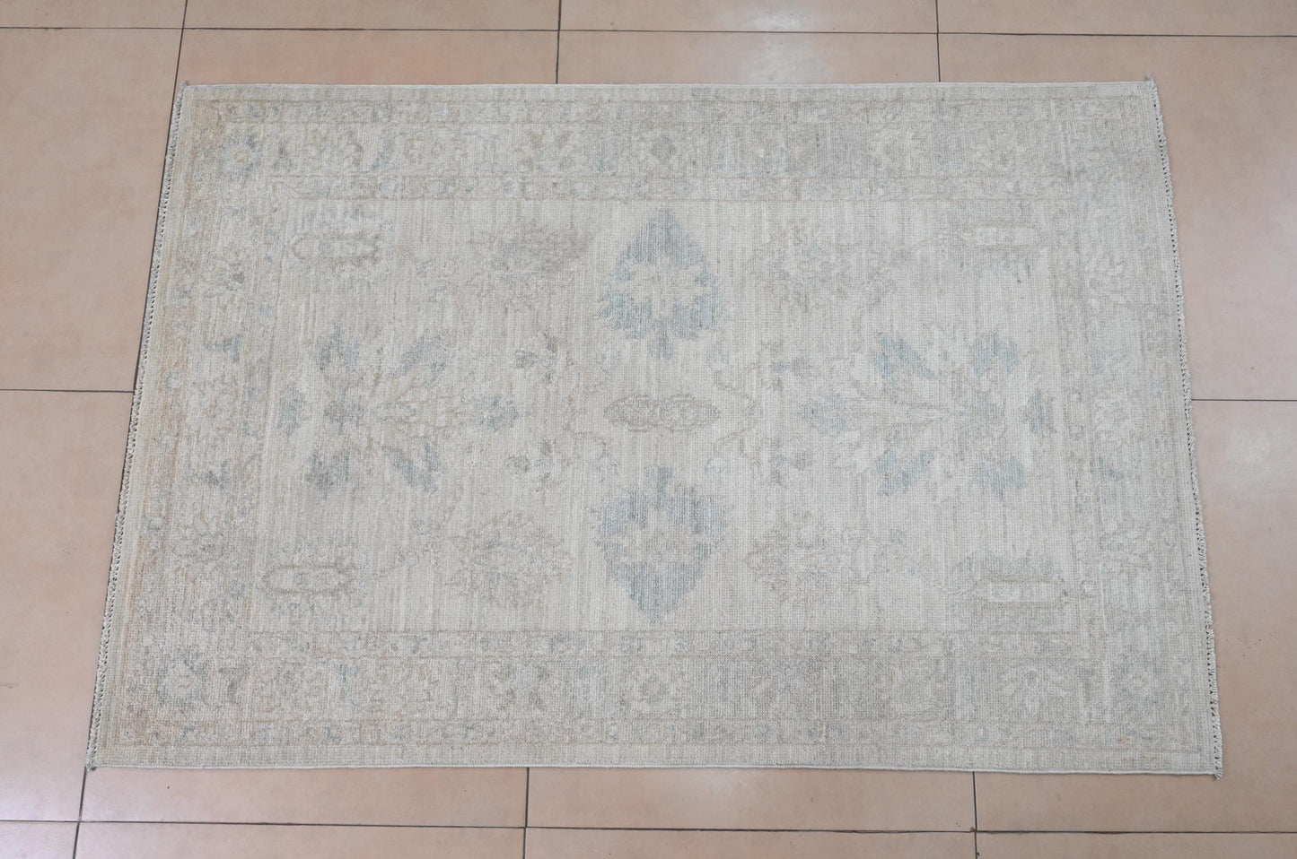 3x5 Handmade Afghan Oushak Rug – Light Beige & Blue Wool Area Rug | Vintage Turkish Style Carpet | Neutral Boho Entryway Rug | Muted Rug