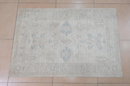 3x5 Handmade Afghan Oushak Rug – Light Beige & Blue Wool Area Rug | Vintage Turkish Style Carpet | Neutral Boho Entryway Rug | Muted Rug