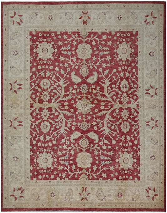 8x10 Red and Beige Afghan Oriental Area Rug – Hand-Knotted Wool Persian Style Carpet – Traditional Floral Ziegler Rug – Free Shipping