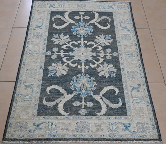 3x5 Charcoal Blue Oushak Rug | Hand-Knotted Afghan Wool Rug | Natural Veg Dyes | Vintage Distressed Area Carpet | Elegant Floral Medallion