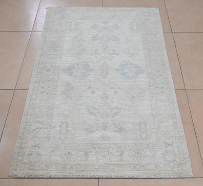 3x5 Handmade Afghan Oushak Rug – Light Beige & Blue Wool Area Rug | Vintage Turkish Style Carpet | Neutral Boho Entryway Rug | Muted Rug