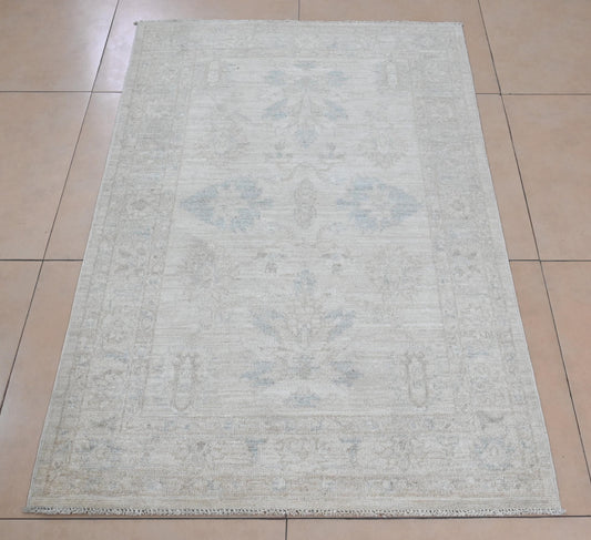 3x5 Handmade Afghan Oushak Rug – Light Beige & Blue Wool Area Rug | Vintage Turkish Style Carpet | Neutral Boho Entryway Rug | Muted Rug