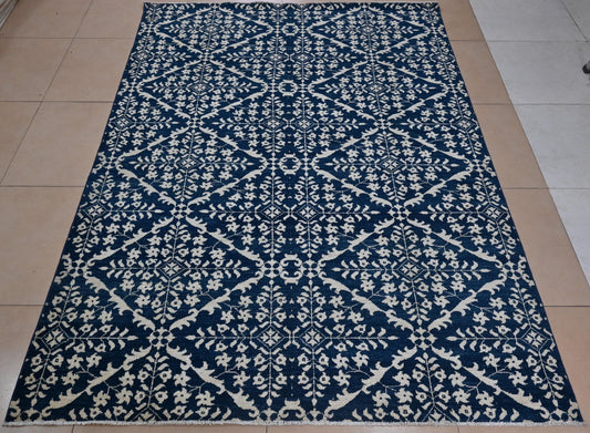6x9 Blue and Ivory Geometric Floral Rug – Hand-Knotted Oriental Style Area Carpet – Modern Boho Living Room Rug – Free Shipping- Bedroom Rug