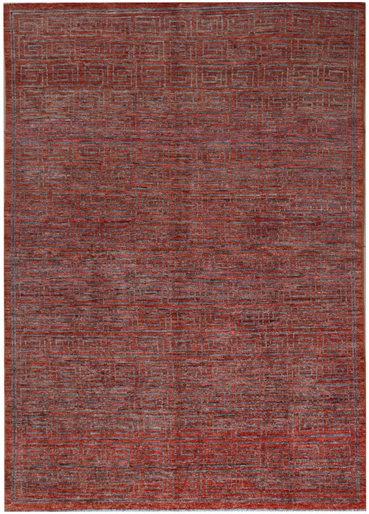 6x9 Red Greek Key Rug – Red Wool Area Carpet – Modern Geometric Gabbeh–Boho Veg Dye Oriental Rug for Living Room, Bedroom or Office 5'9x8'8"