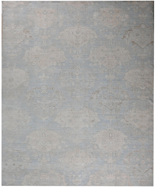 12X15 Light Blue Vintage Distressed Wool Rug - Hand-Knotted Floral Medallion Area Carpet - Neutral Farmhouse Living Room Decor - Vegdye Rug