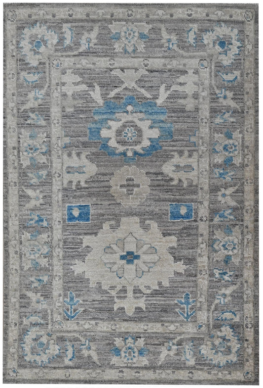 3x4 Gray Blue Oriental Area Rug – Hand-Knotted Afghan Wool Rug, Vintage Oushak Style, Modern Traditional Decor Carpet – Bedroom, Entryway