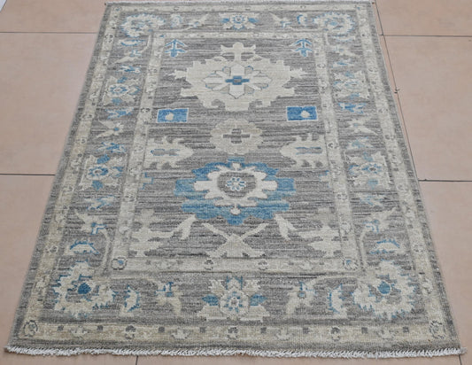 3x4 Gray Blue Oriental Area Rug – Hand-Knotted Afghan Wool Rug, Vintage Oushak Style, Modern Traditional Decor Carpet – Bedroom, Entryway