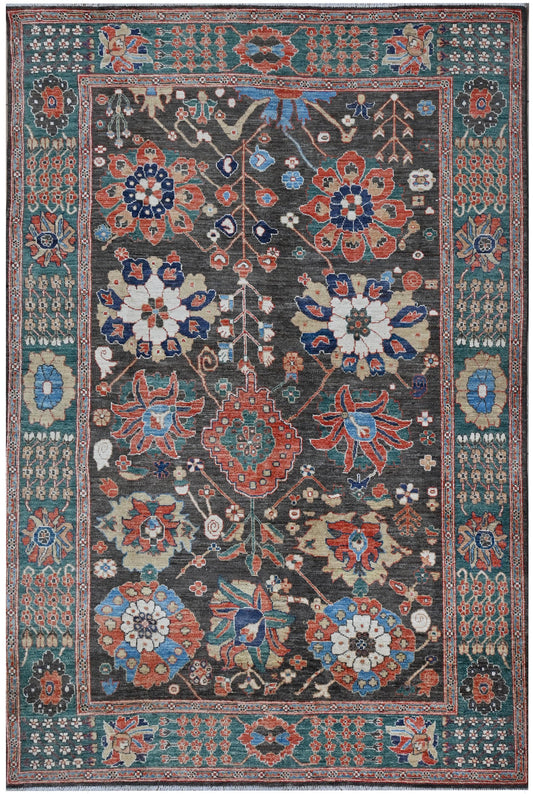 6x9 Handmade Afghan Oushak Floral Rug – Charcoal Green Multicolor Wool Carpet – Oriental Boho Area Rug for Living Room Decor| 5'11x8'8"