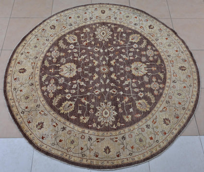 8x8 ft | Round Chobi Wool Rug | Handmade Traditional Floral Rug in Beige & Brown | Oriental Circle Area Carpet for Living Room or Entryway