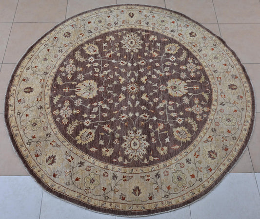 8x8 ft | Round Chobi Wool Rug | Handmade Traditional Floral Rug in Beige & Brown | Oriental Circle Area Carpet for Living Room or Entryway