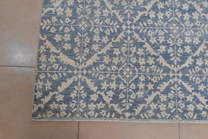 6x9 Blue and Ivory Wool Area Rug – Hand Knotted Geometric Distressed Vintage Style Carpet, Afghan Rug, Modern Farmhouse Living Room Rug