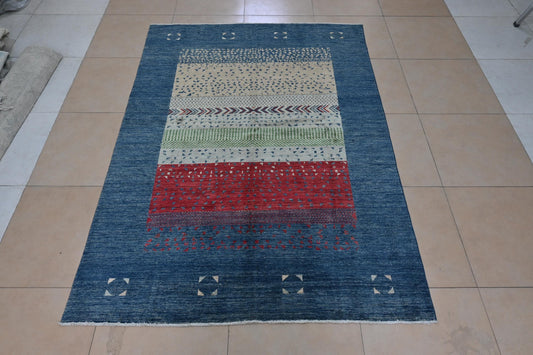 6x8 ft Handmade Modern Gabbeh Rug | Blue Red Abstract Geometric Wool Rug |Tribal Boho Rug | Bedroom And Living Room Accent Rug |"5'8x7'11"