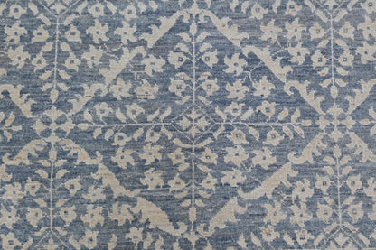 6x9 Blue and Ivory Wool Area Rug – Hand Knotted Geometric Distressed Vintage Style Carpet, Afghan Rug, Modern Farmhouse Living Room Rug