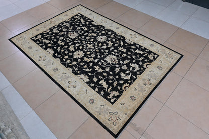 6x9 Handmade Black and Beige Ziegler Chobi Wool Rug