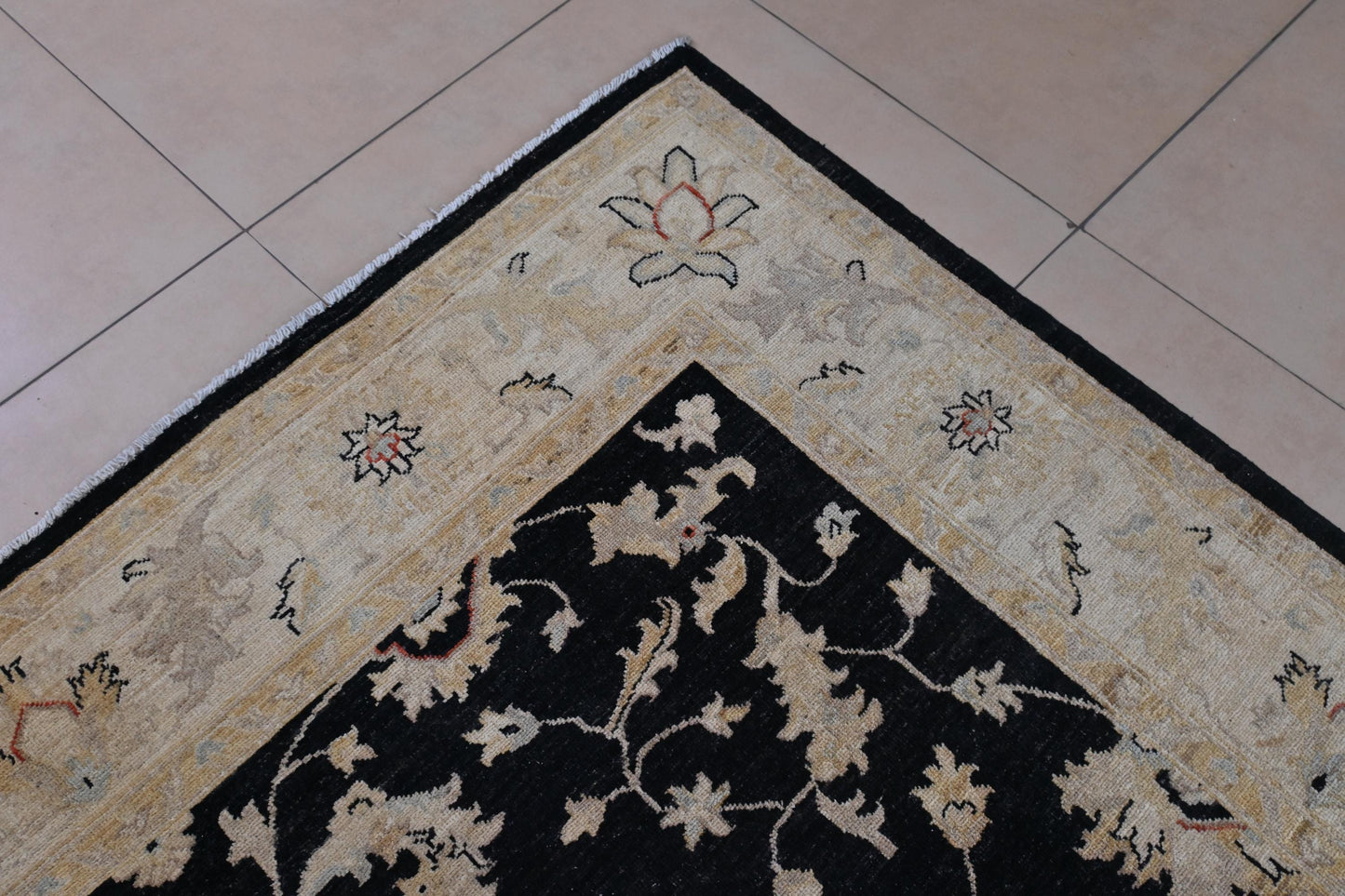 Corner of 6x9 Handmade Black and Beige Ziegler Chobi Wool Rug