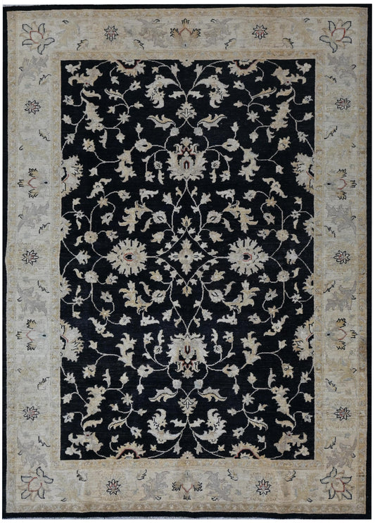 6x9 Handmade Black and Beige Ziegler Chobi Wool Rug