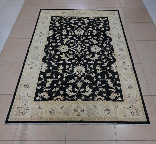 6x9 Handmade Black and Beige Ziegler Chobi Wool Rug